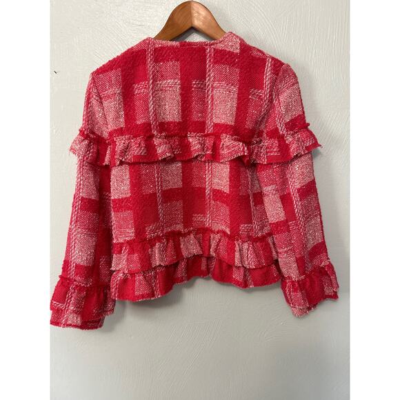 Jack by BB Dakota Sparks Fly Open Blazer Women's Ruby Pink Tweed Ruffle Small - Picture 6 of 8